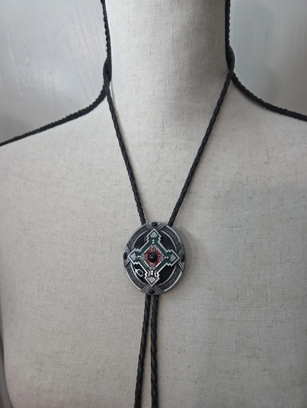 Southwestern-Inspired Black Bolo Tie with Green and Red Accent 40in unisex